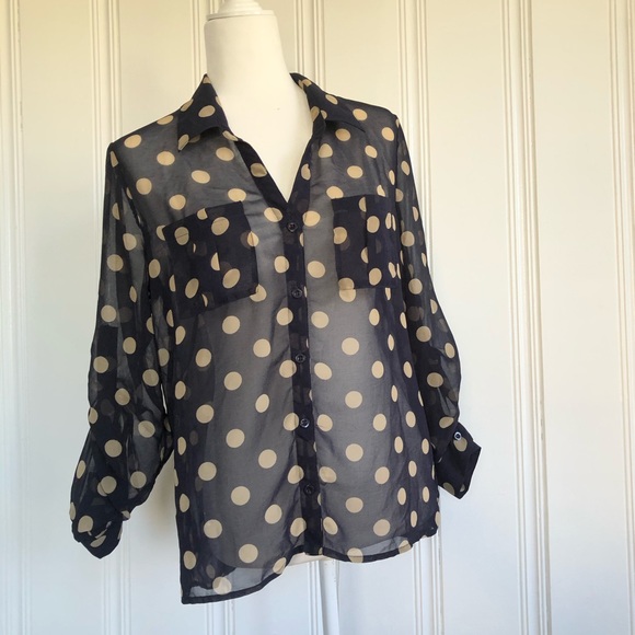 Dark blue blouse with tan polka dots - Picture 3 of 5